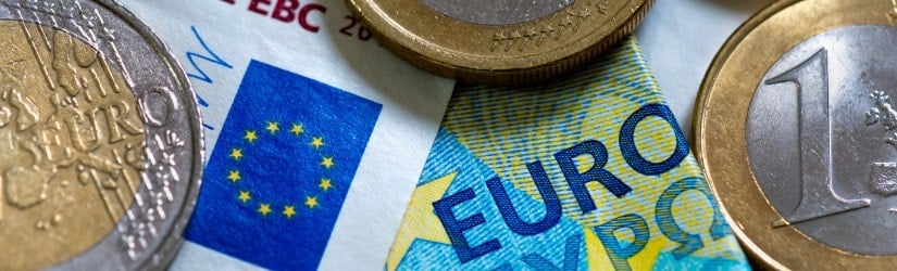 Monnaie de l’Union européenne : détail de divers billets et pièces en euros. 