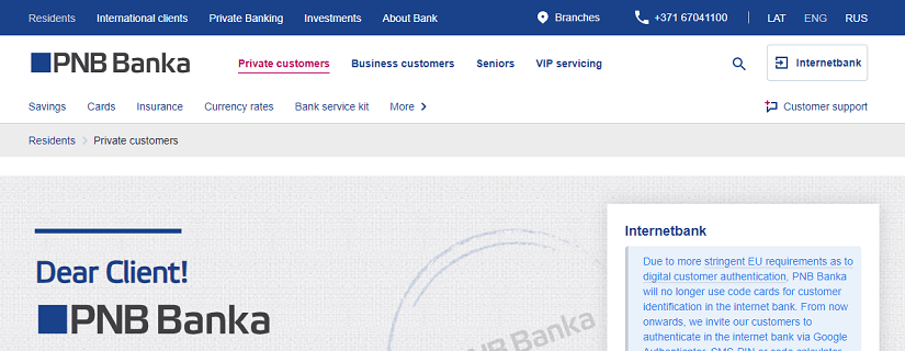 capture ecran du site de la banque PNB Banka